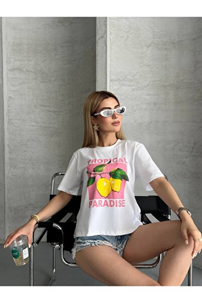 asur boutique تي شيرت نسائي من Asur Butik متوسط ​​الطول مطبوع عليه ليمون من ق...