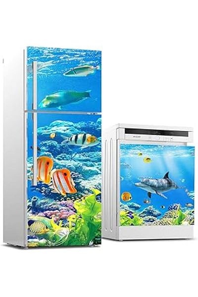 Mu Art Ahşap Refrigerator and Dishwasher White Goods Sticker Covering Submarine Fishes