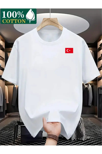 CLASİVA تي شيرت برقبة دائرية كبيرة الحجم مطبوع عليه علم TÜRT للجنسين