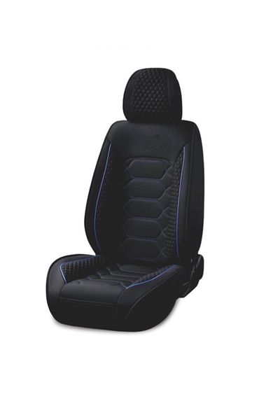 DELUXETUNING Set huse scaune auto universale, material textil negru cu dunga albastra, fata-spate