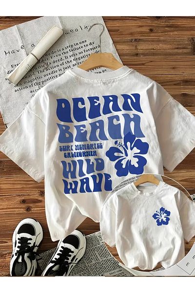AEMİ Tricou oversize unisex cu decolteu mare cu imprimeu Ocean Beach