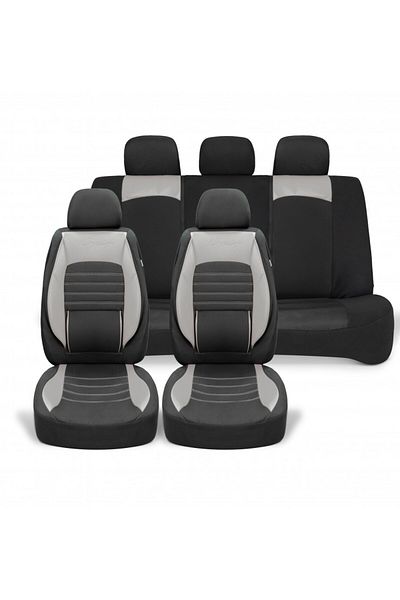 DELUXETUNING Set huse scaune auto universale, piele ecologica gri cu material textil negru, fata-spate