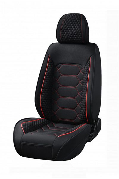 DELUXETUNING Set huse scaune auto universale, material textil negru cu cusatura rosie, fata-spate