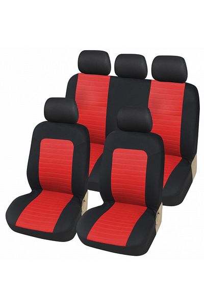 DELUXETUNING Set huse scaune auto, universale, fata-spate, Negru cu rosu, material textil