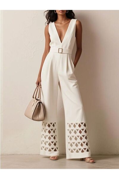 AVC Kadın Beyaz V Yaka Kemerli Geometrik Paça Detaylı Tulum