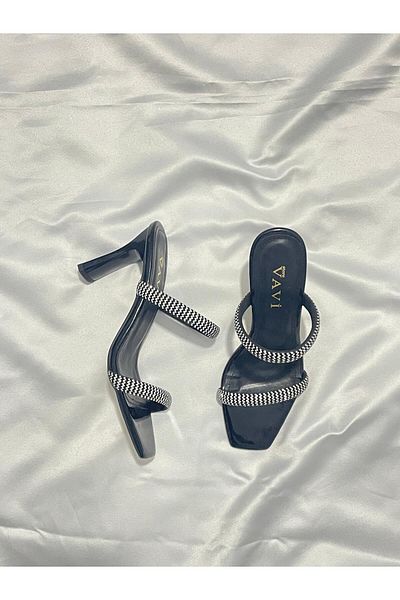 VAVİ STORE Women's Two Rows of Thick Luxury Stones Black Patent Leather Leather Heels