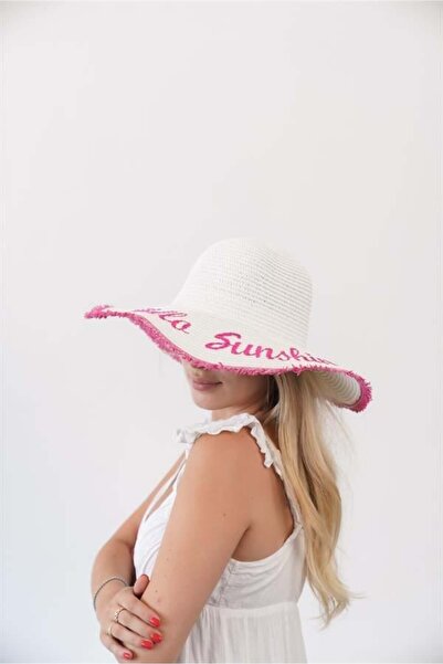 Zoe3 Style Women's Edt White Fuchsia Text Detailed Straw Hat
