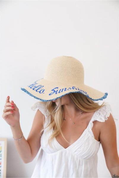 Zoe3 Style Women's Edt Beige Blue Straw Hat with Text Detail