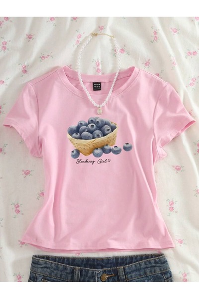 PALPİTO Women's Pink Blueberry Printed Crew Neck Tight Crop Tshirt