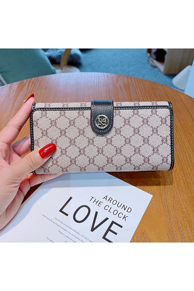 OEM Elegant Women's Wallet Beige 19x9.5 cm – Geometric Design, Metal Closure, Space for Cards and Bank