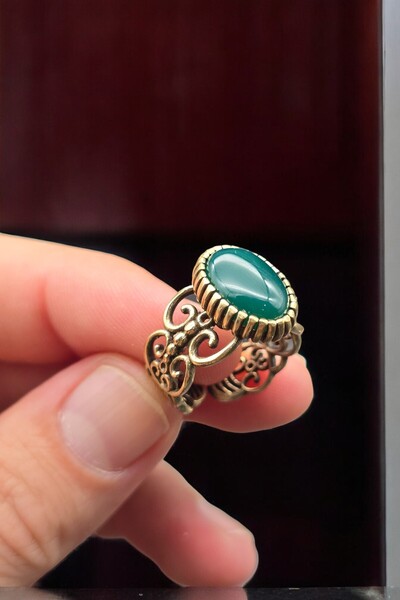 NBS Beautiful Naturel Stones Copper Pure Ring Women's Green Agate Stone Adjustable Special Design Quality (Gift, Daily)
