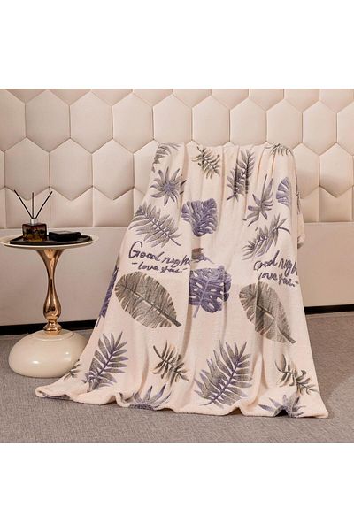 FIONNA.RO Cocolino Fluffy Blanket 200x230cm - Cream With Grey Leaves