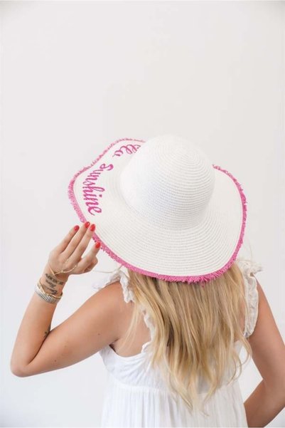 Zoe3 Style Women's Edt White Fuchsia Text Detailed Straw Hat