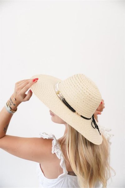 Zoe3 Style Women's Axl Beige Black Bead Detailed Straw Hat