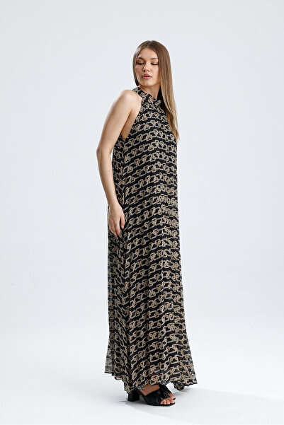 Sense Lined Pleated Long Evening Dress Patterned Chiffon Dress | Elb35127Sf Chain Patterned