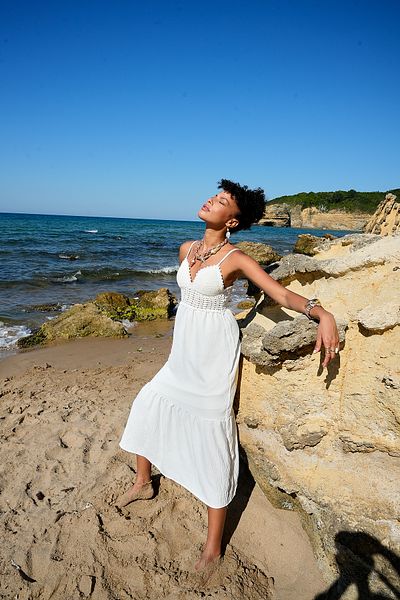 ASEDE Lace Ruffle Detailed Strap V-Neck Floor-Length Linen Dress