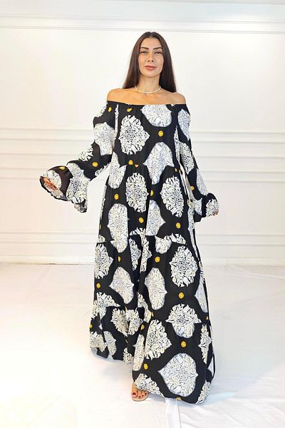 Markano Black Madonna Collar Patterned Skirt Layered Long Dress