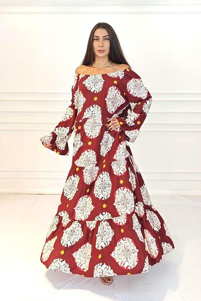 Markano Burgundy Madonna Collar Patterned Skirt Layered Long Dress