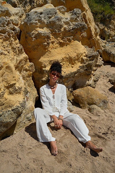 ASEDE طقم بنطلون بلوزة من الكتان مع ربطة عنق أمامية