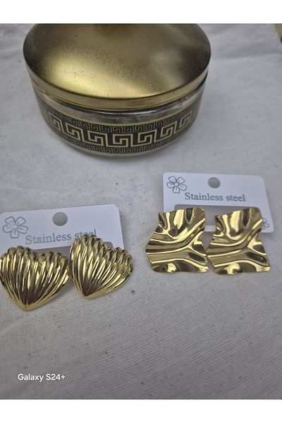 Pinkimaj Steel Earrings Style Model Square and Heart Set of 2