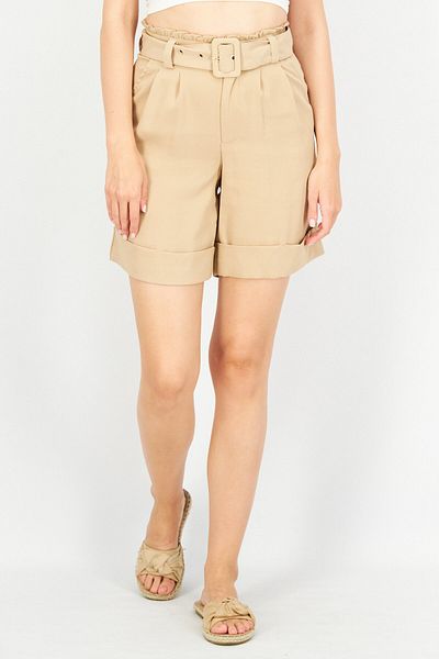 Sinsay Women Solid Belted Basic Shorts, Beige