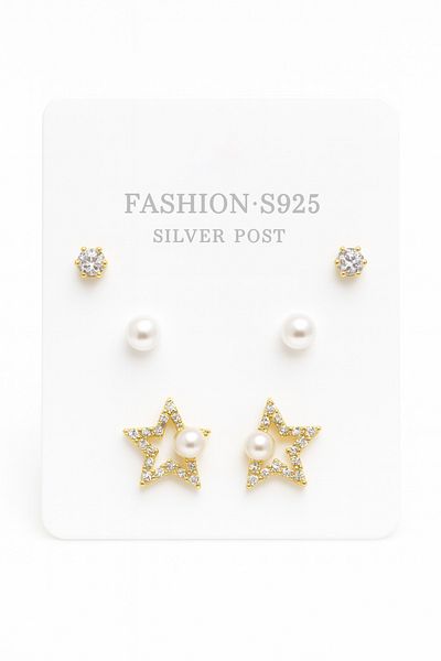 MakeWell 925S Silver Needle Pearl Star Design Zircon and Pearl Stone Earring Set