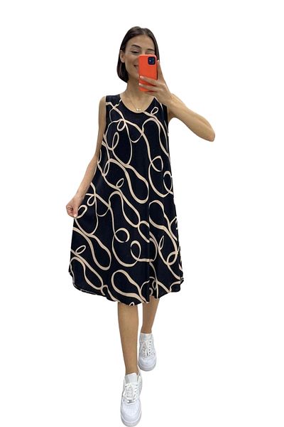 Markano Black Beige Patterned Thick Strap Midi Dress