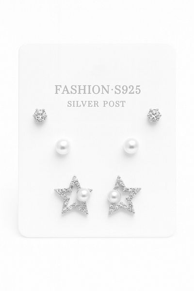 MakeWell 925S Silver Needle Pearl Star Design Zircon and Pearl Stone Earring Set