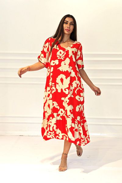 Markano Red Patterned V Neck Pocket Skirts Ruffle Midi Dress