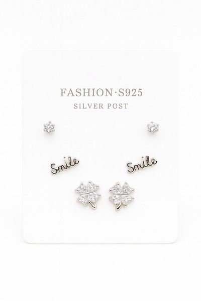 MakeWell 925S Silver Needle Clover and Smile Written Design Zircon Stone 3-Piece Earring Set