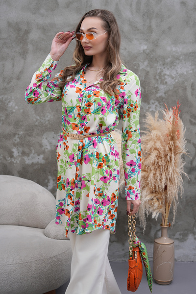 Polologin Butik Pink Orange Floral Belted Tunic