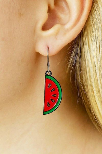 Fildişi Aksesuar Watermelon Shaped Enamel Women's Earrings Double Pieces Handmade Earrings