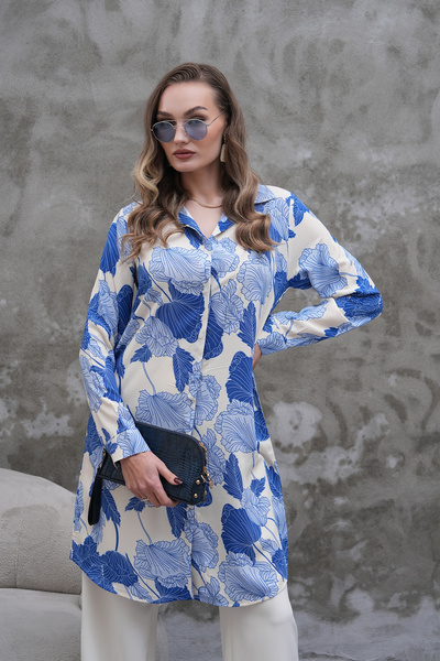 Polologin Butik Blue Leaf Patterned Shirt Tunic
