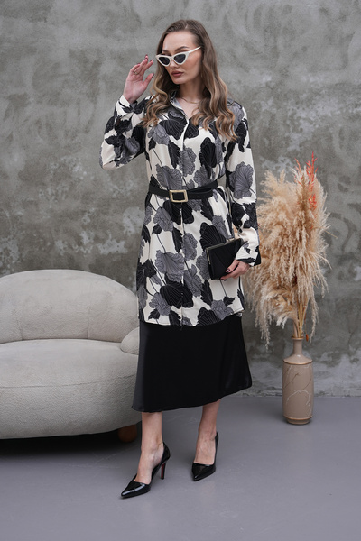 Polologin Butik Black and White Leaf Patterned Shirt Tunic