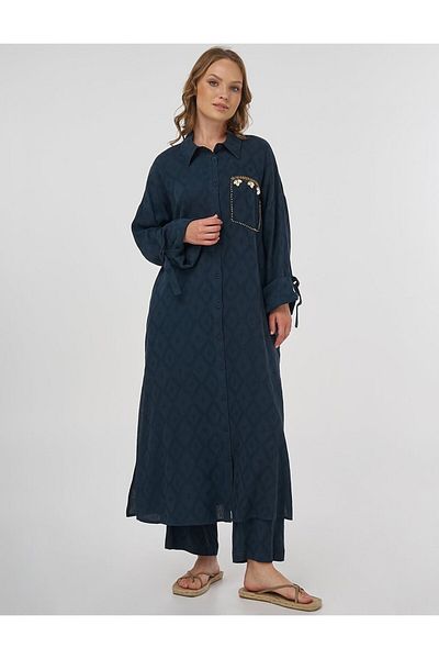 Kayra Embroidery Detailed Linen Viscose Tunic Navy Blue