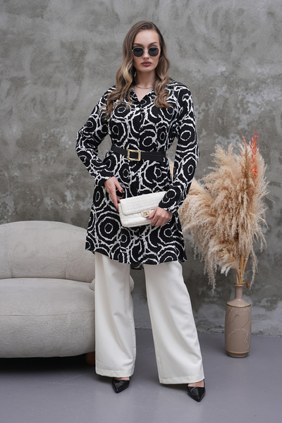 Polologin Butik Black and White Spiral Patterned Tunic