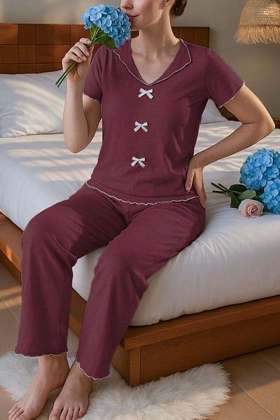 nedo7 Burgundy Short Sleeve Bow Detailed Cotton Pajama Set 7349