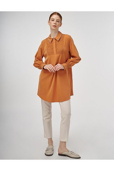 Kayra Stone Embroidered Shirt Collar Natural Fabric Tunic Amber