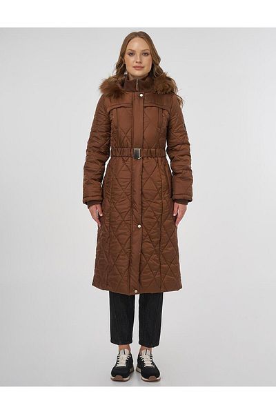 Kayra Stand Collar Zipper Detailed Quilted Anorak Coat Brown