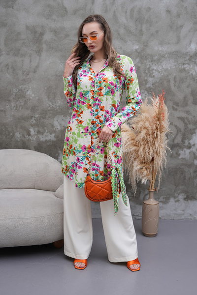 Polologin Butik Pink Orange Floral Belted Tunic