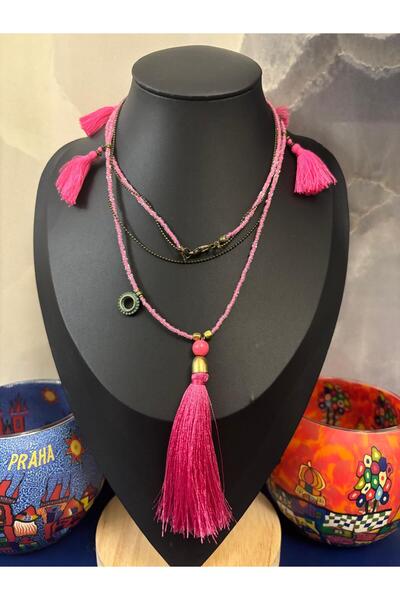 Idarosa Concept Otantik, Etnik, Bohem, Pembe Boncuklu, Pembe Püsküllü Uzun Hi...