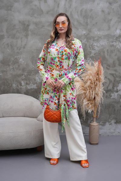 Polologin Butik Pink Orange Floral Belted Tunic