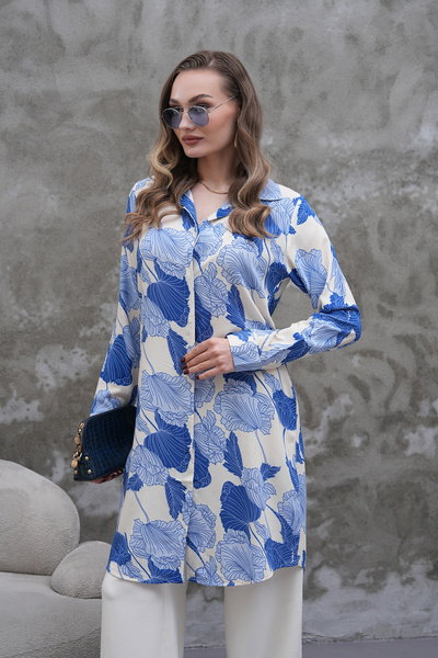Polologin Butik Blue Leaf Patterned Shirt Tunic