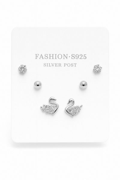 MakeWell 925S Silver Needle Swan Design Zircon Stone and Ball Earrings Set of 3 Earrings