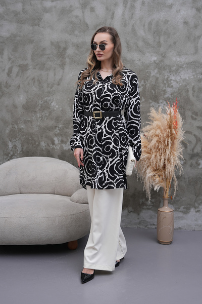 Polologin Butik Black and White Spiral Patterned Tunic