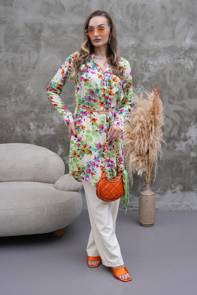 Polologin Butik Pink Orange Floral Belted Tunic