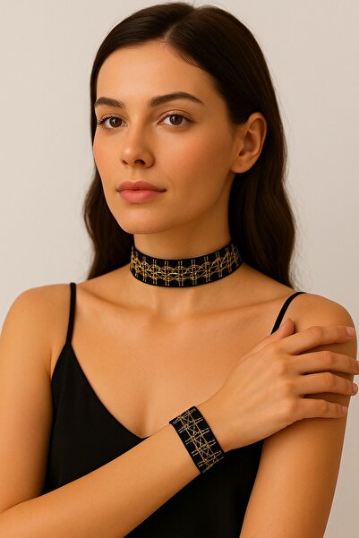 SYAZE Gold Embroidered Choker and Bracelet Set