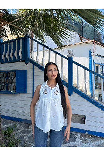 WeShaya Ecru Embroidered Cotton Sleeveless Shirt
