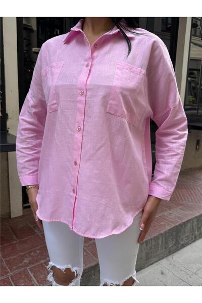 WeShaya Pink Oversize Cotton Blend Pocket Shirt