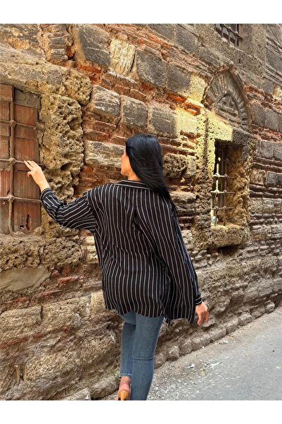 WeShaya Siyah Çizgili Oversize Pamuklu Düğmeli Gömlek